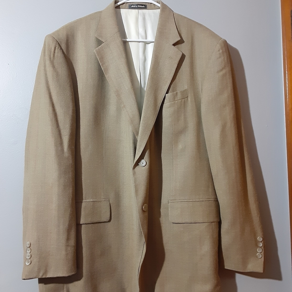 Oscar de la Renta Silk Wool Blwnd Tan Beige Stripe  Blazer Men's Size 46R Formal